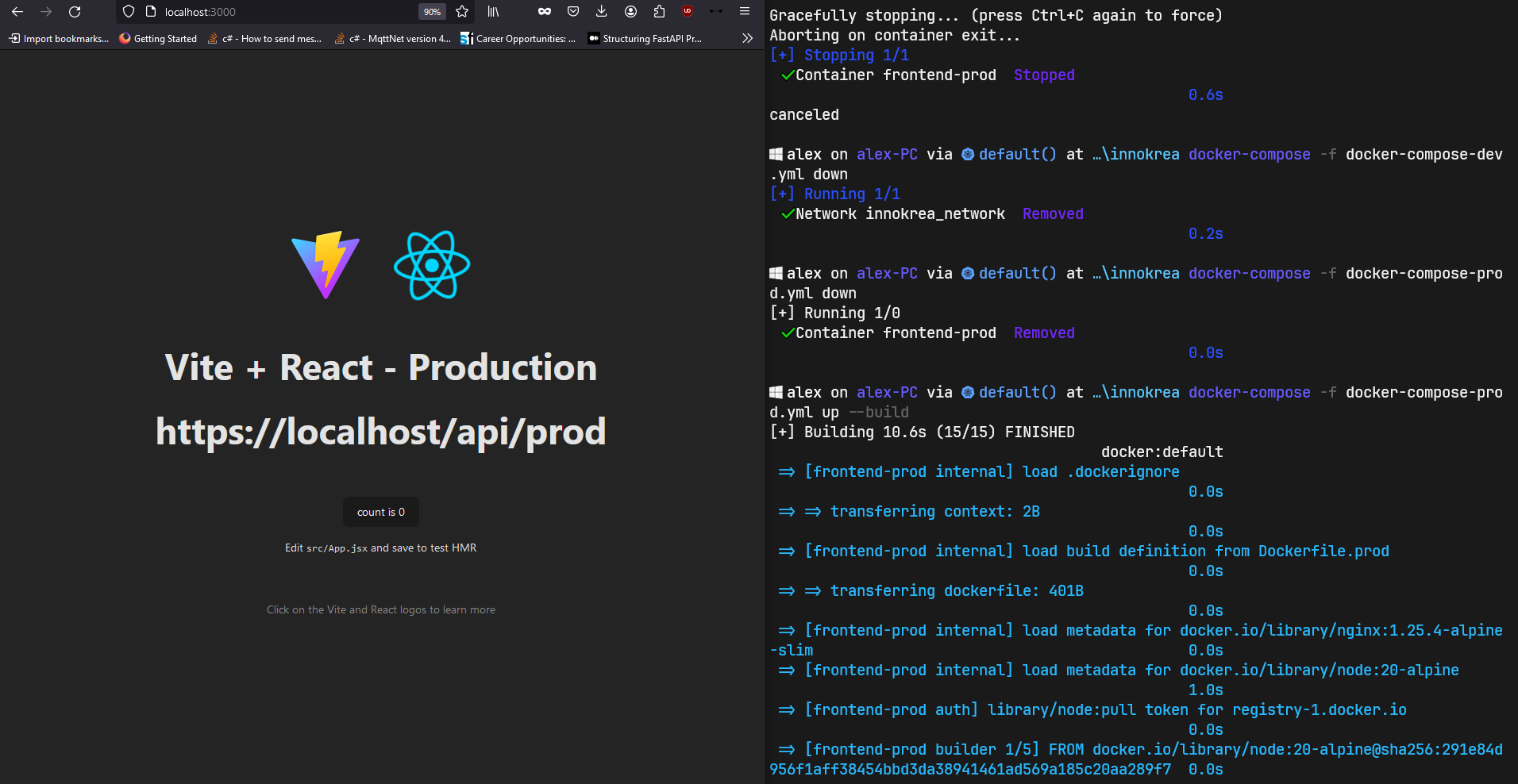 Browser view and terminal after building the project in production version